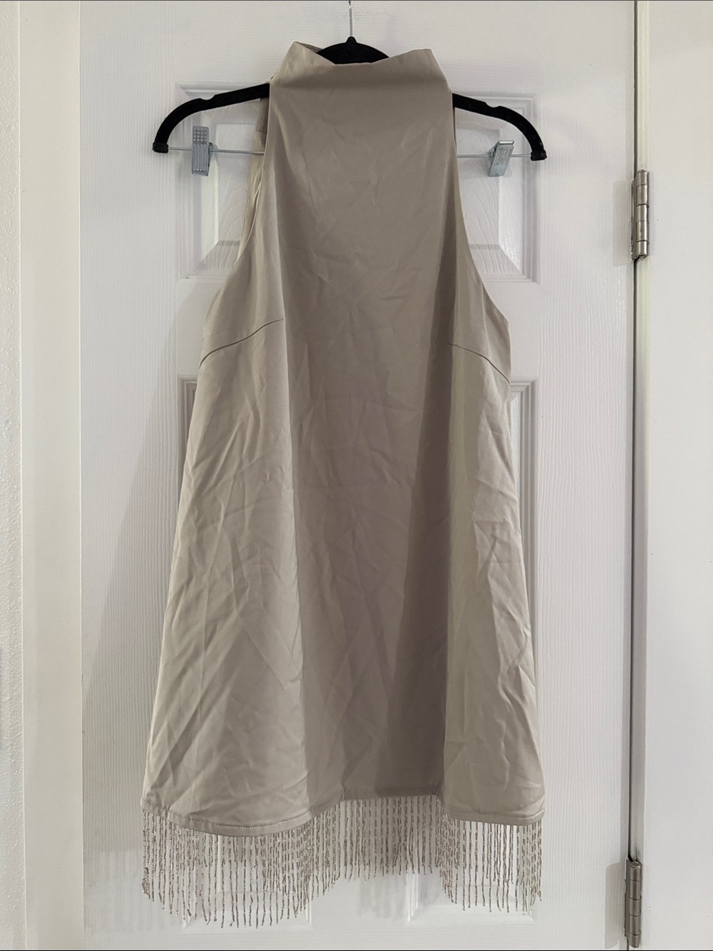 Sleeveless Beige Mini Dress with Fringe Hem